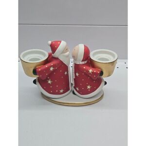 PartyLite Christmas Santa Couple Tealight Holder Ceramic Red Gold‎ Holiday